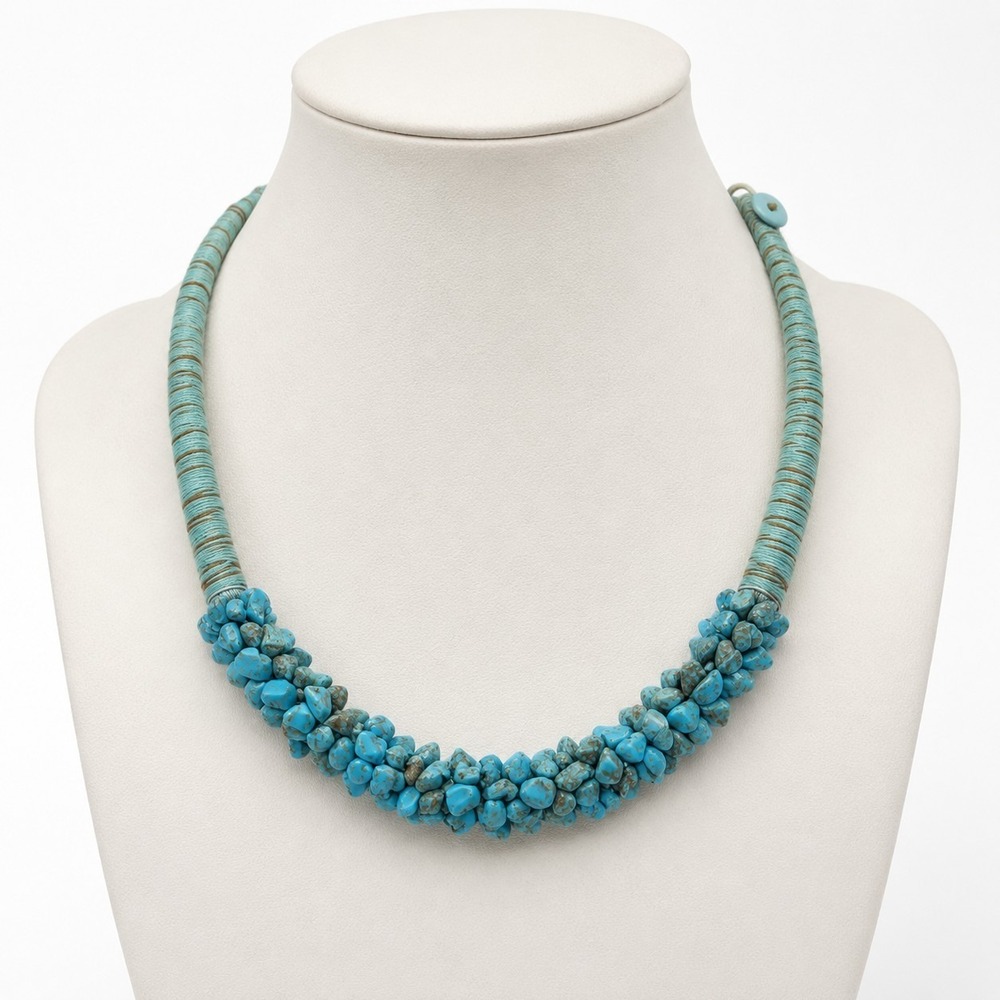 Turquoise Blue Chip Stone Choker Necklace Boho Cotton Wrapped Button Closure...